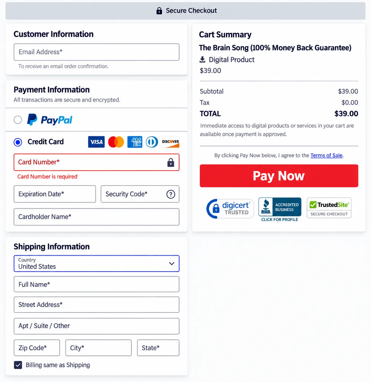 The Brain Song secure checkout page preview